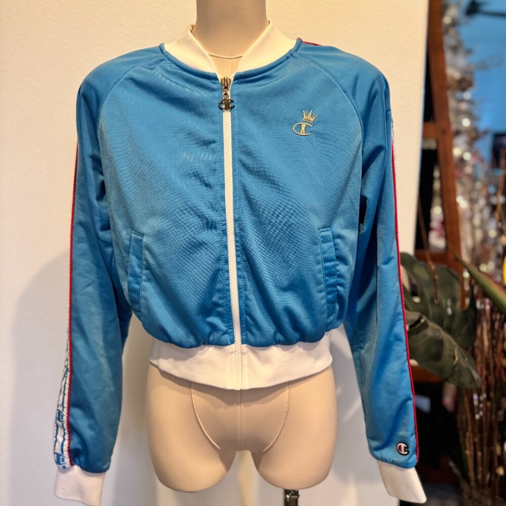 Champion Blue White Red Track Tape Jacket Women's XS Full Zip Crop